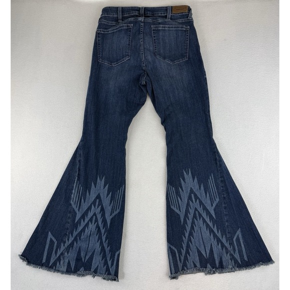 Ariat Womens High Rise Flare Jeans Chimayo Print Dark Wash Denim Sz 30S Raw Hem - Picture 12 of 13